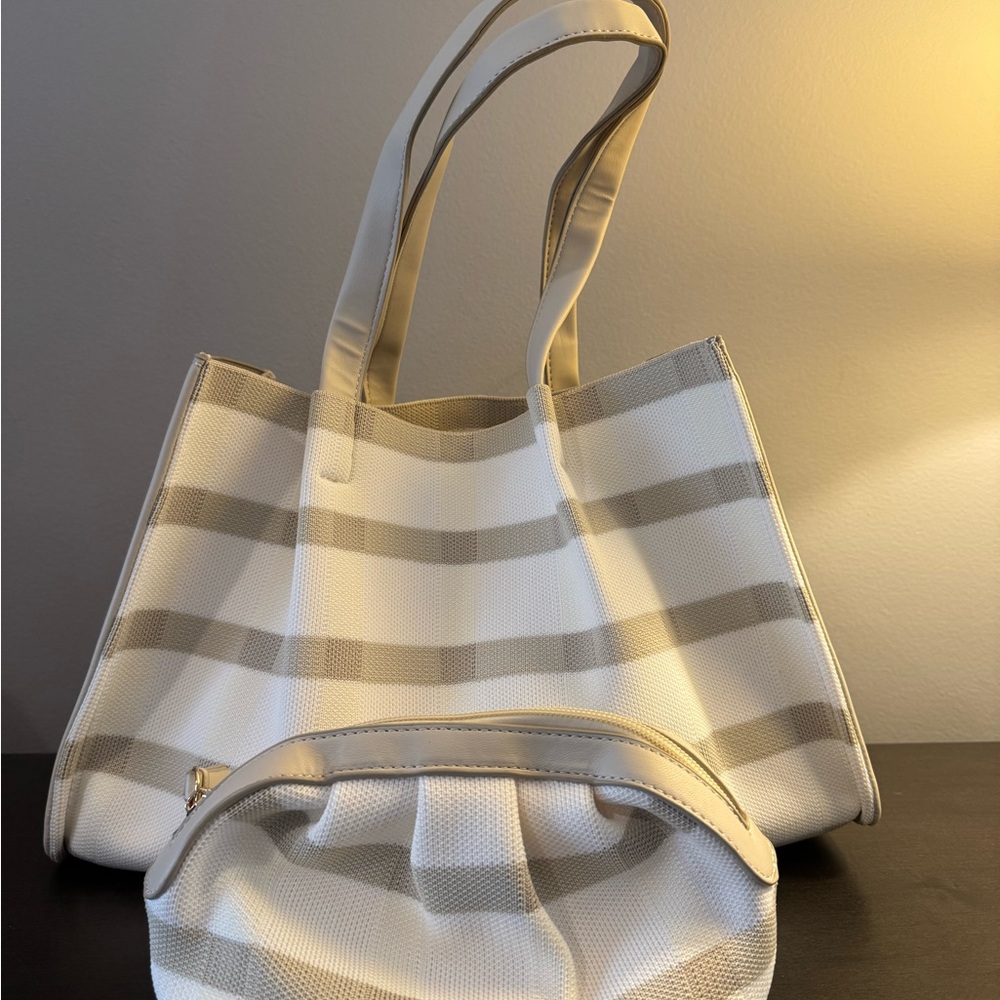 Neiman Marcus Ecru Stripe Woven Tote and Small Zip Pouch NEW